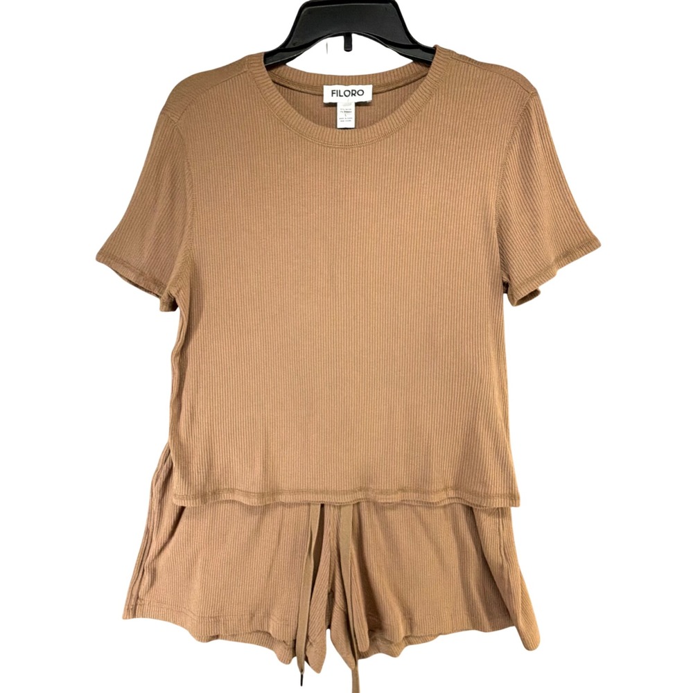 Filoro Ribbed Knit Lounge Set Women L Brown 2 Pc Top Shorts Cozycore Casual Chic